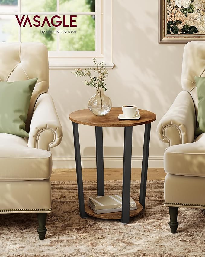 VASAGLE Round Side End Table, 2-Tier Accent Bedside Table with Storage Shelf, Easy Assembly, Nightstand for Small Spaces, Living Room, Bedroom, Honey Brown and Ink Black ULET057KB01S