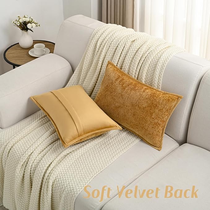 FUTEI Tobacco Chenille Throw Pillow Covers 12x20 Inch Set of 2,Soft Cozy Bound Edge Design Lumbar Pillow Cases,Home Decor for Couch Bed Living Room