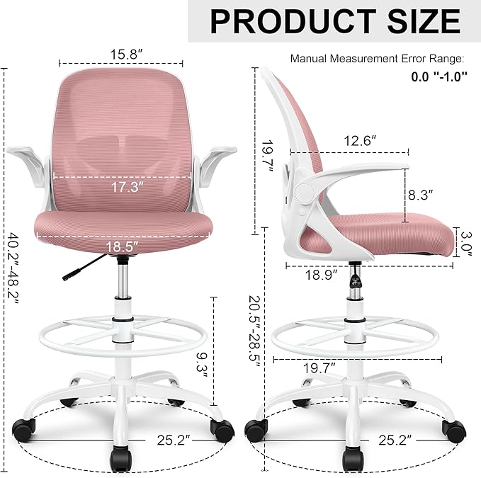 Primy Drafting Chair Tall Office Chair with Flip-up Armrests Executive Ergonomic Computer Standing Desk Chair with Lumbar Support and Adjustable Footrest Ring (Rose Quartz)