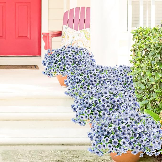 Uieke 16 Bundles Artificial Flowers for Outdoors UV Resistant Fake Flowers No Fade Faux Greenery Plastic Plants for Garden Porch Window Box Home Party Wedding Spring Autumn Décoration (Blue)