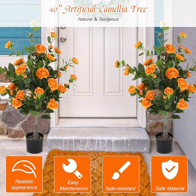 Jexine 2 Pack 40" Artificial Tree with Camellia, Fake Tree with 36 Blooming Flowers, Flower Plants Tree Faux Floral Plant Tree in Cement Pot for Indoor Outdoor Office Home Porch Decor (Orange,40")