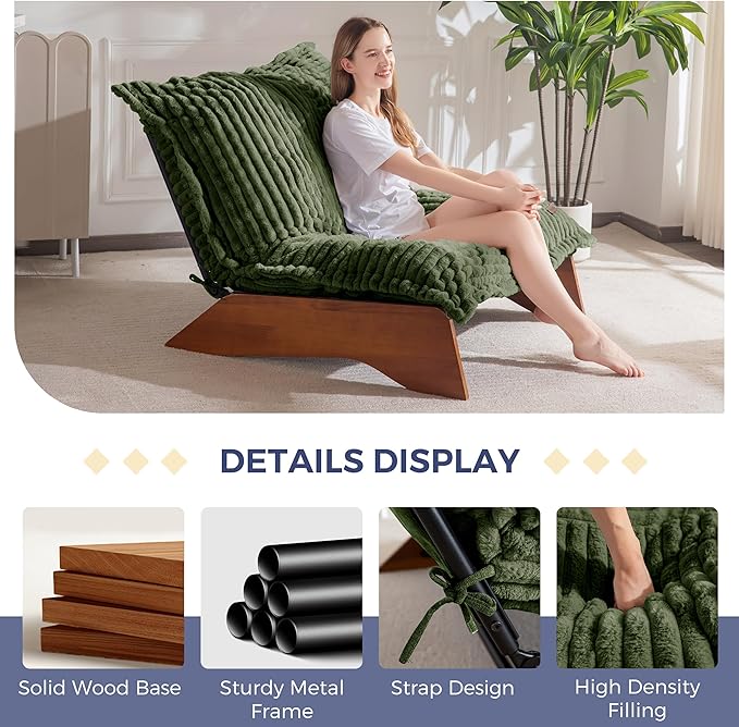 MAXYOYO Adjustable Living Room Chair, 3-Position Bean Bag Chair with Removable Cover, Upholstered Accent Chair with Frame, Soft Reclining Lounge for Bedroom, Apartment, Office, Green