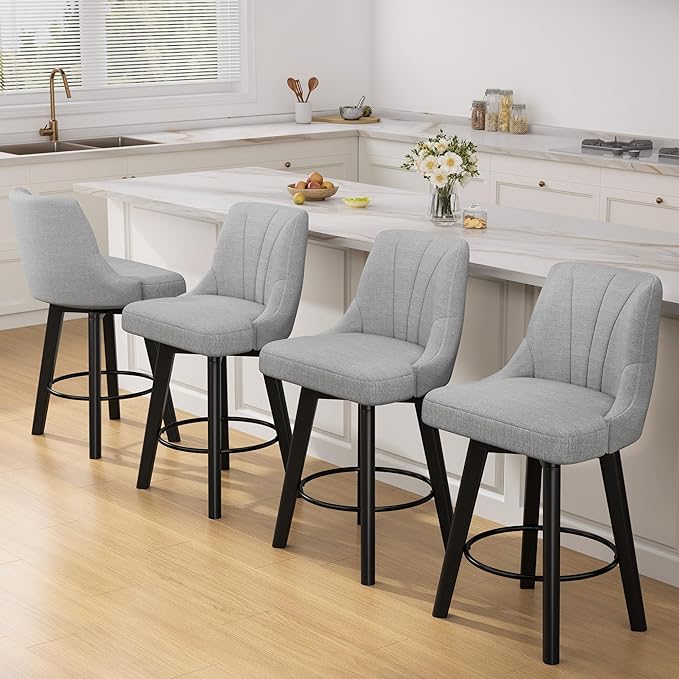 Counter Height Swivel Bar Stool, 24" Upholstered Fabric Barstools Set of 8, Counter Stool Chair with Back & Solid Wood Legs for Kitchen Island Dining Room (Light Gray)