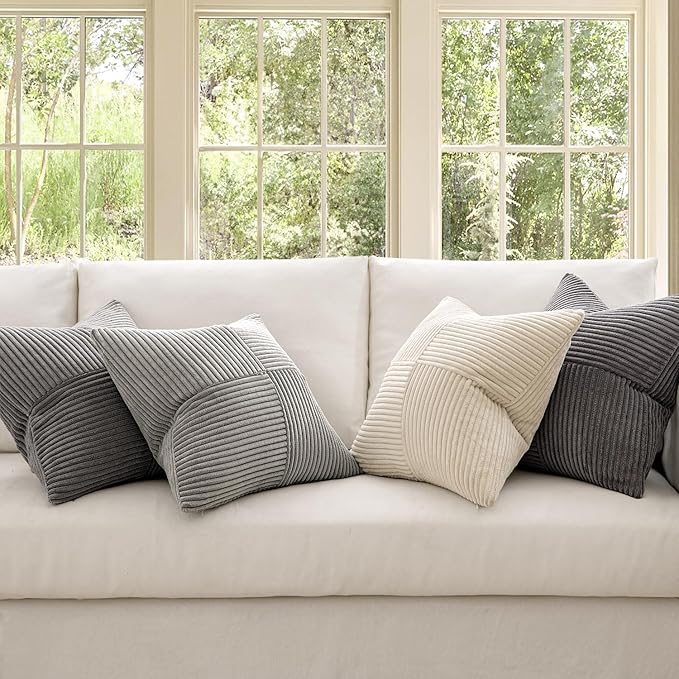 MIULEE Neutral Grey Decorative Throw Pillow Covers 18x18 Inch Set of 4 Modern Farmhouse Corduroy Cushion Cases Striped Patchwork Pillow Cases for Couch Sofa Bedroom Home Decor