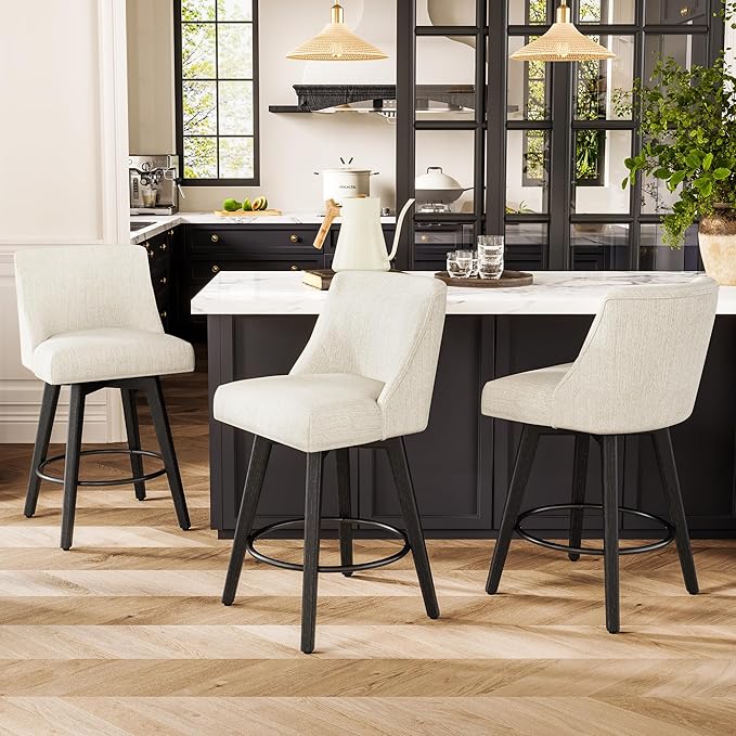 Counter Height Bar Stools Set of 3, Modern Swivel Barstools with Back and Wood Legs, Linen Fabric Upholstered Bar Chairs, 26" H Kitchen Counter Stools, Kitchen Island Home Bar, Ivory
