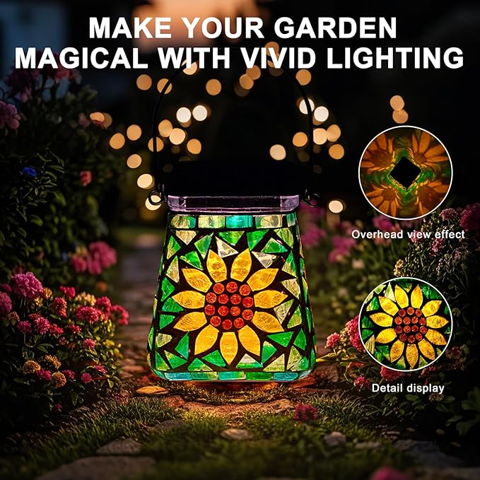 VOREEN Mosaic Solar Lanterns, Handmade Outdoor Glass Hanging Lights, IP44 Waterproof Solar Table Lamps, Decor for Garden, Patio, Yard, Party, Balcony, Gift for Mom Wife Friend, Sunflower Design