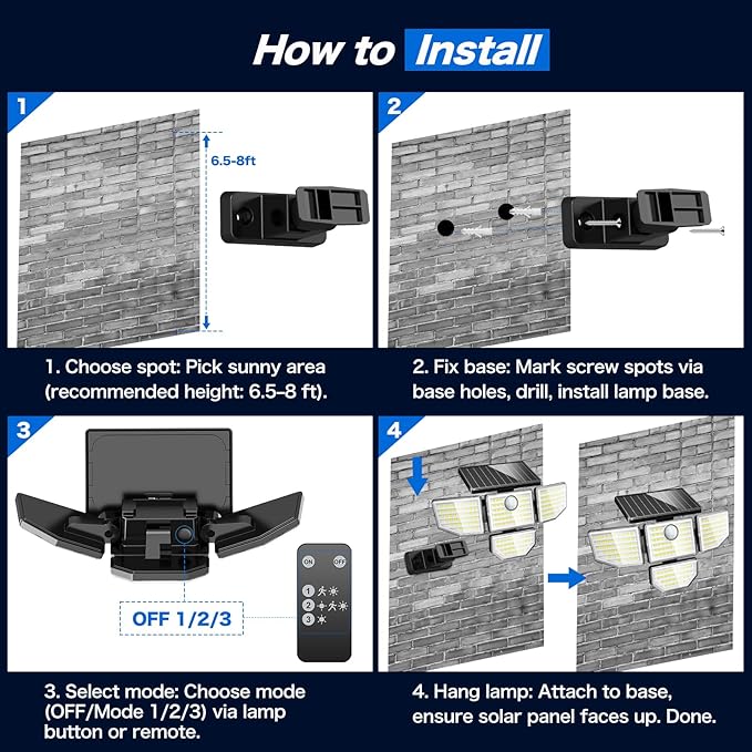 3000LM Outdoor Solar Light - Upgrade 4 Heads 188 LED Solar Motion Sensor Outdoor Lights, IP65 Waterproof Powered Light for Home Darkroom Backyard, 2 Pack
