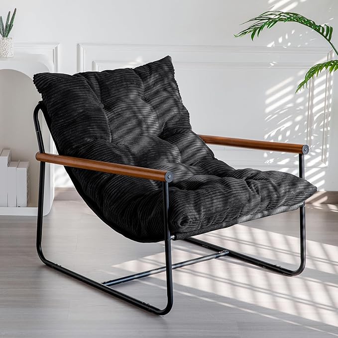 MAXYOYO Modern Accent Chair, Comfy Living Room Chair with Metal Frame Wooden Armrest, Upholstered Armchair with Soft Cushion for Bedroom Balcony Lounge Reading Room, Black