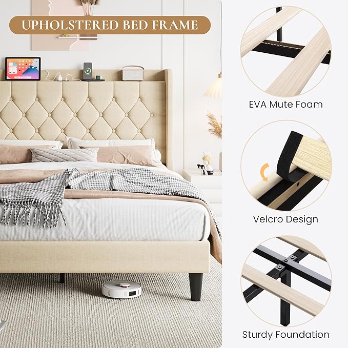 SHA CERLIN Queen Size Platform Bed Frame with Charging Station, Velvet Wingback Headboard with Storage Shelf, Wooden Slats Support, Ample Under-Bed Space, No Box Spring Needed, Easy Assembly, Beige