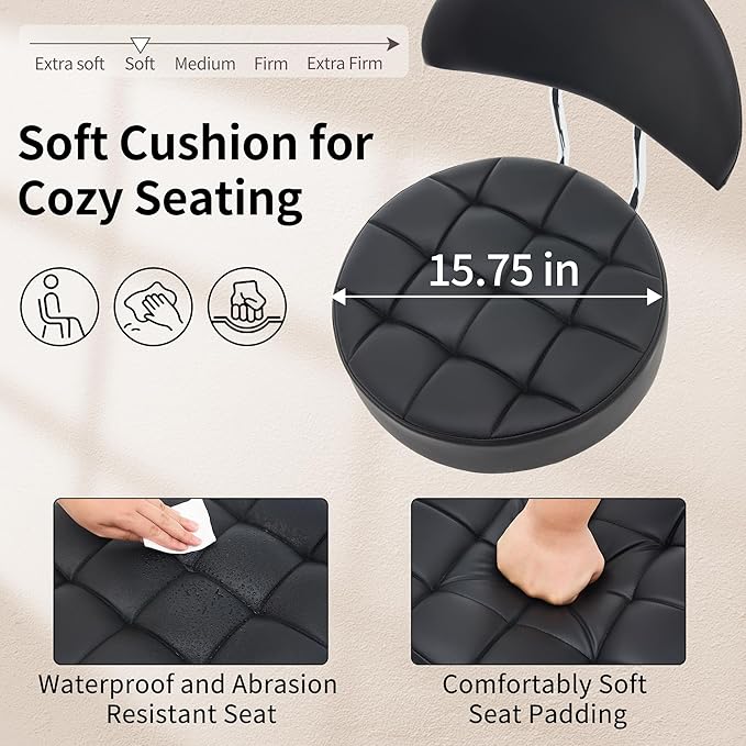 Salon Stool with Back Support (Sturdy Aluminum Base) (Lash Chair with Quiet Wheels and Foot Rest) Black Leather Vanity Chair (Black)