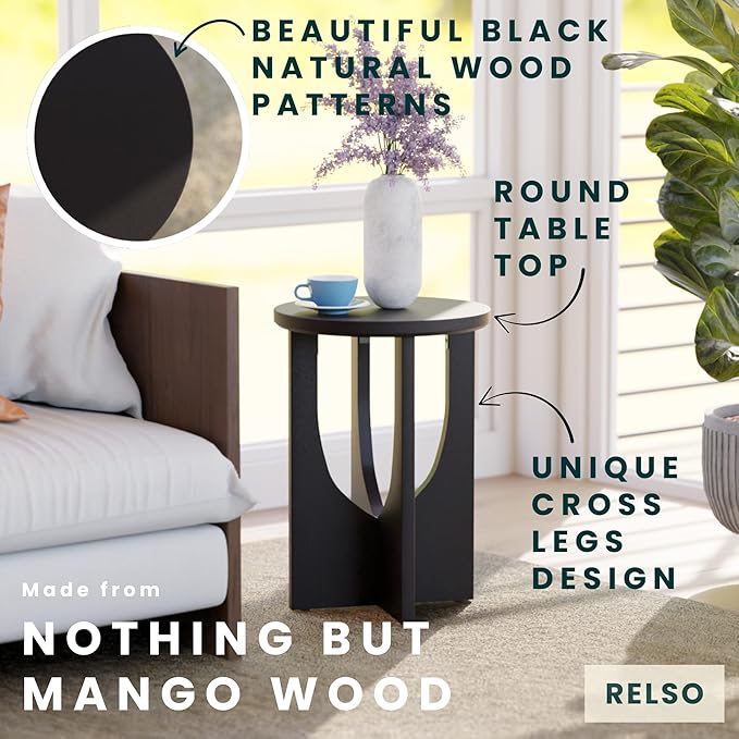 Stupa Solid Wood End Table – 22" Tall Round Side Table for Living Room or Bedroom, Handcrafted Accent Table in Distressed Black Finish, Easy Assembly, Modern Minimalist Design for Small Spaces