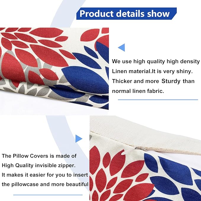 Decorative Throw Pillow Covers Set of 2 Red Blue Pillow Covers 18x18 Inch Couch Pillow Covers for Sofa Living Room Outdoor Throw Pillow Cover Linen Floral Flower Farmhouse Pillowcase