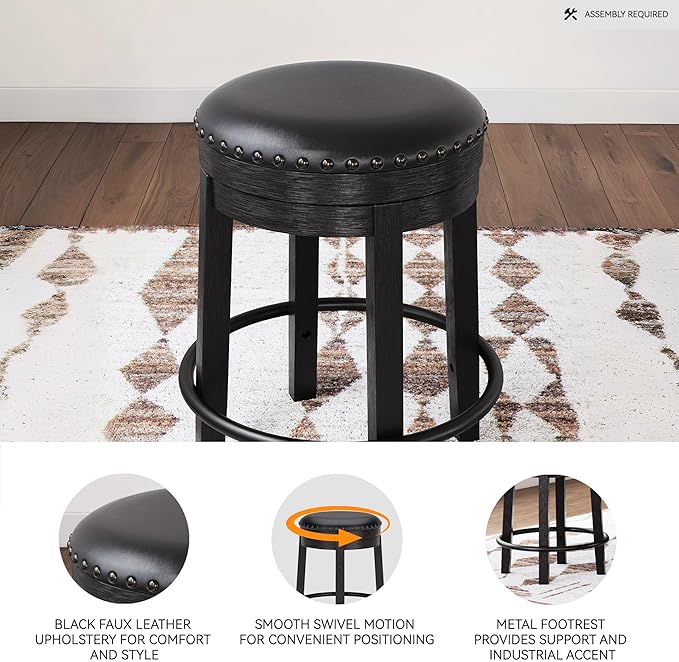 Signature Design by Ashley Valebeck Casual Round Faux Leather Upholstered Backless Counter Height Bar Stool with Footrest and Nailhead Trim, Black