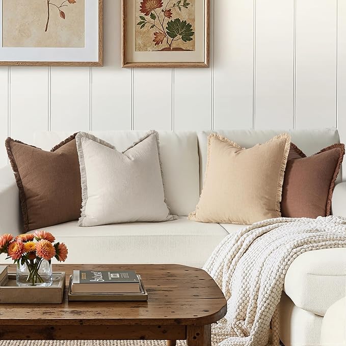MIULEE Fall Decorative Couch Pillow Covers Neutral Linen Fringe Throw Pillows Set of 4 Accent Rustic Cushions Boho Farmhouse Pillowcases for Bed Sofa Living Room Home Decor 18x18 Inch Beige/Brown