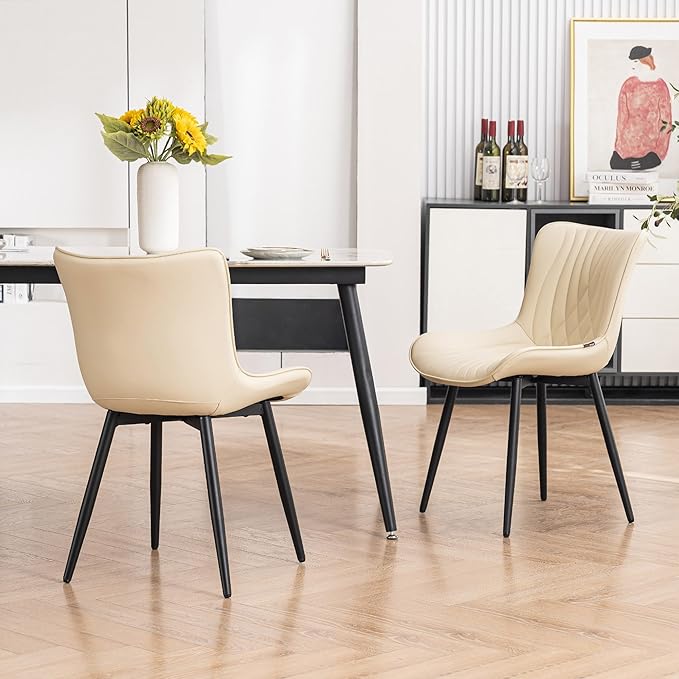 Kidol & Shellder Beige Dining Chairs Set of 2,Faux Leather Upholstered Mid Century Modern Kitchen&Dining Room Chair with Back,Ergonomic Armless Vanity&Living Room Chair with Metal Legs