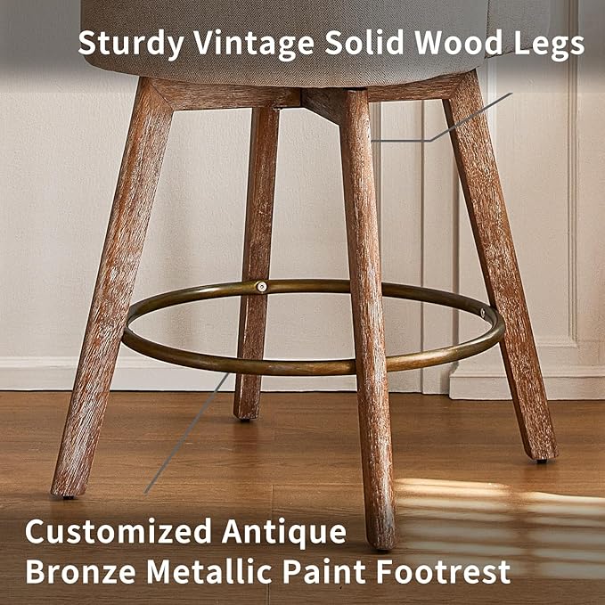 IWOOD Mid Century Modern Counter Height Bar Stools Set of 2,360° Swivel Barstools with Solid Wood Legs,26'' Island Chairs with Wrap-Around Backrest,Sand Linen Comfort Fabric