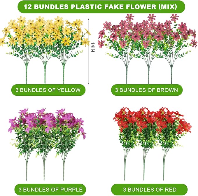 Fake Fall Artificial Flowers for Outdoor Decoration 12 Bundles Faux Silk Mums Daisy UV Resistant Autumn Flowers for Garden Patio Porch Window Box Outdoor Indoor Decor