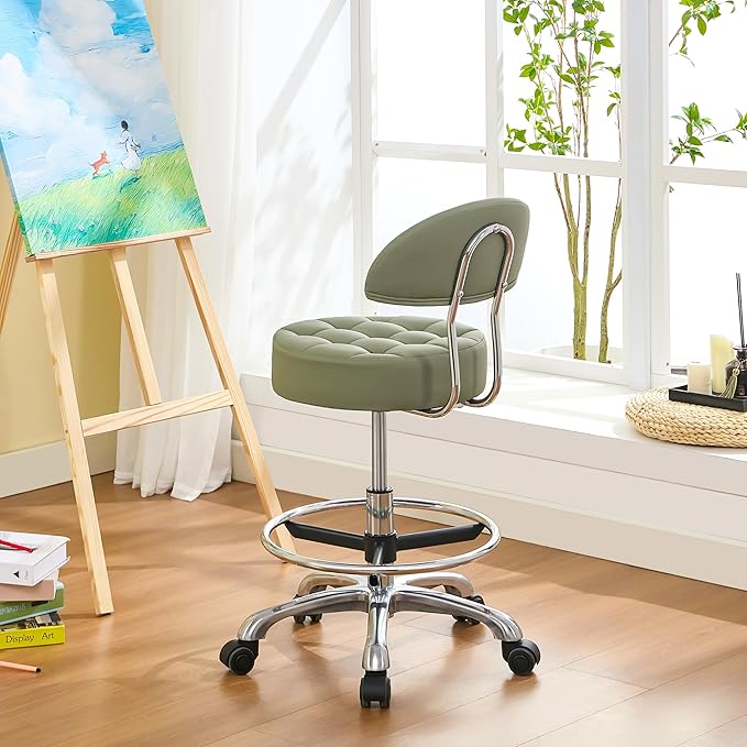 Rolling Stools with Wheels (Faux Leather Makeup Stool) (Quiet Wheels and Aluminum Base) Adjustable Barber Chair 20-27 inch (Green)