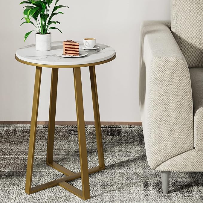 Round End Tables, Small Side Table White Marble Texture MDF Top,Metal Frame Gold Color, Tall End Table for Bed Room,Coffee Tea End Table for Living Room (White Marble+Gold)