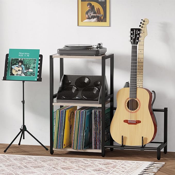 End Table with Guitar Stand,Record Player Stand,Vinyl Records Storage,2-Tier Guitar Stand for Acoustic,Turntable Stand for Music Studio,Grey