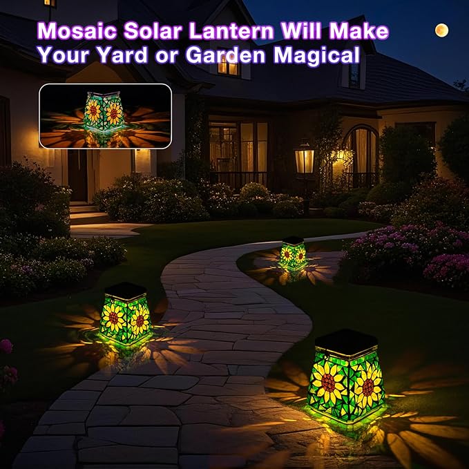 VOREEN Mosaic Solar Lanterns, Handmade Outdoor Glass Hanging Lights, IP44 Waterproof Solar Table Lamps, Decor for Garden, Patio, Yard, Party, Balcony, Gift for Mom Wife Friend, Sunflower Design