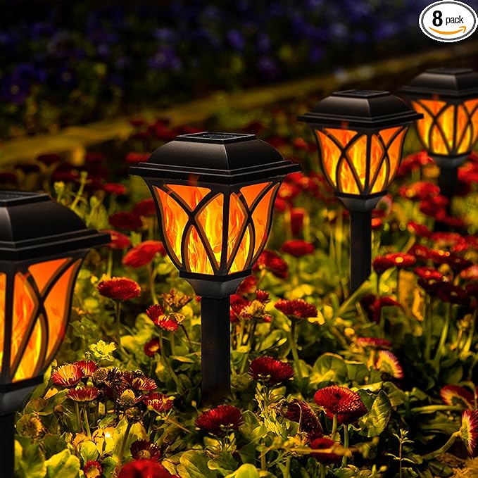 GIGALUMI Solar Lights Outdoor Waterproof, 8 Pack Flickering Flame LED Lights, Garden Decor for Yard, Patio, Landscape, Planter, Walkway