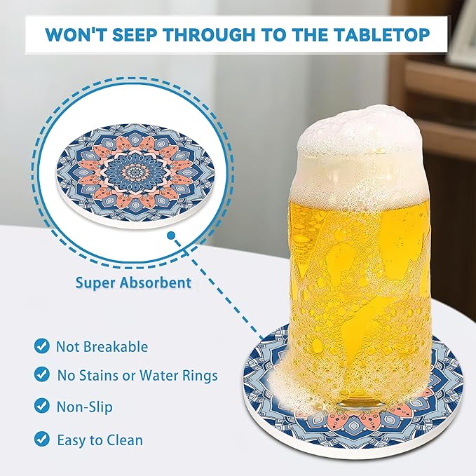 Coasters Set of 4, Mandala Blue Round 4" Ceramic & Cork Coasters, Ideal Home Decor & Gifts