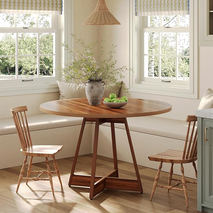 LITTLE TREE 39 Inches Round Dining Table for 2-4, Farmhouse Circle Kitchen Table for Dining Room, Wooden Dinner Table with Heavy Duty Pedestal, Small Bistro Table for Restaurant, Brown