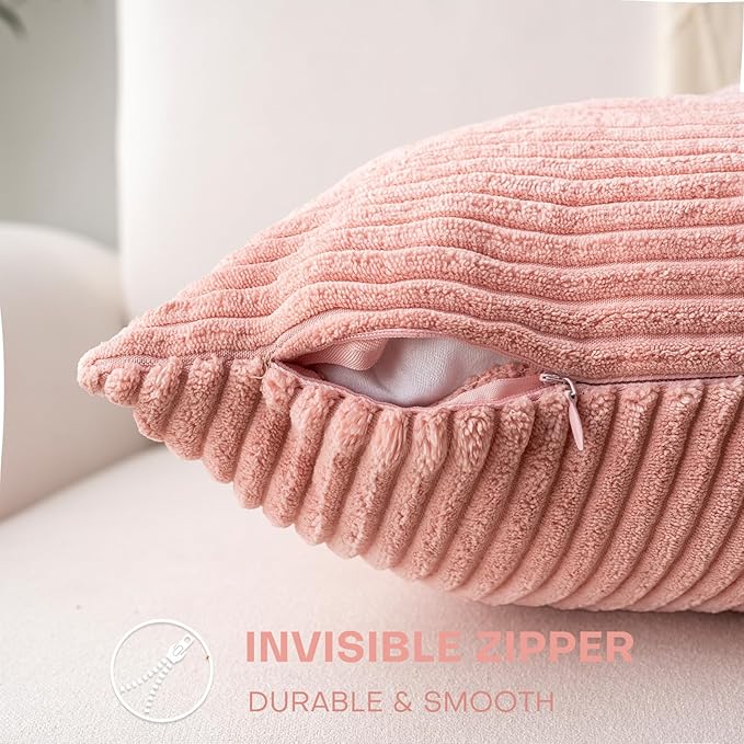 Decorative Throw Pillow Covers 18x18 Inch Set of 2 for Boho Living Room Farmhouse Home Decor, Spring Pillow Covers for Couch Bed, Soft Corduroy Striped Patchwork Cushion Cases, Blush Pink