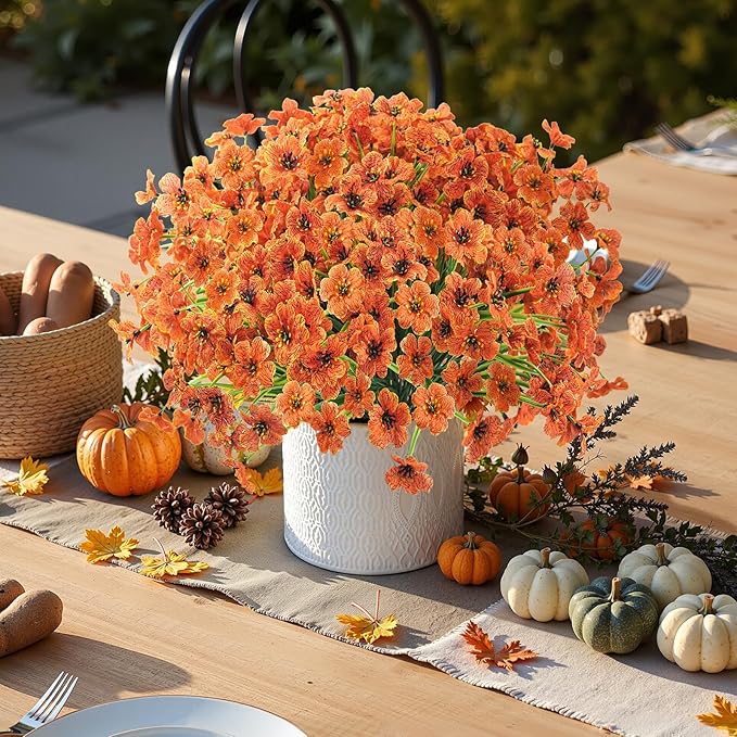 Uieke 16 Bundles Artificial Fall Flowers No Fade Faux Autumn Plants, Fake Indoor Outdoor Greenery for Thanksgiving Table Centerpiece Christmas Wedding Party Home Garden Fireplace Décor (Orange)
