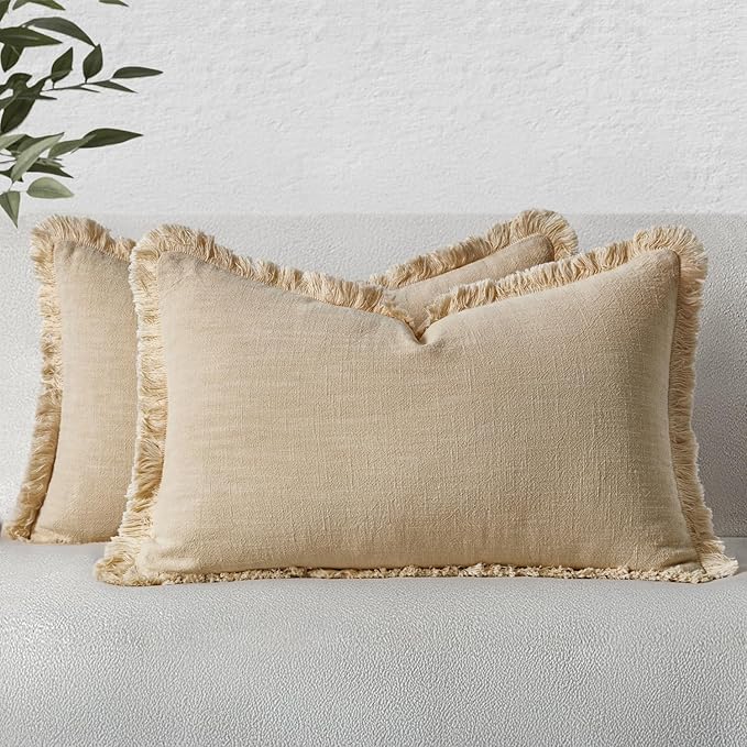 MIULEE Decorative Lumbar Throw Pillow Covers Neutral Linen Fringe Throw Pillows Set of 2 Beige Boho Farmhouse Cushion Covers with Tassels for Couch Sofa Bed Living Room Spring Home Decor 12x20 Inch