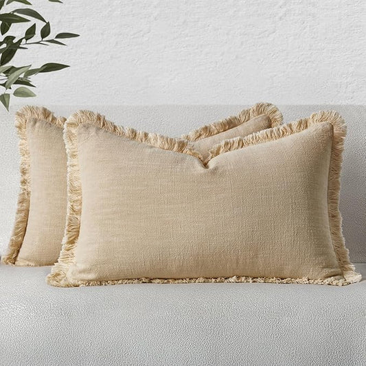 MIULEE Decorative Lumbar Throw Pillow Covers Neutral Linen Fringe Throw Pillows Set of 2 Beige Boho Farmhouse Cushion Covers with Tassels for Couch Sofa Bed Living Room Spring Home Decor 12x20 Inch