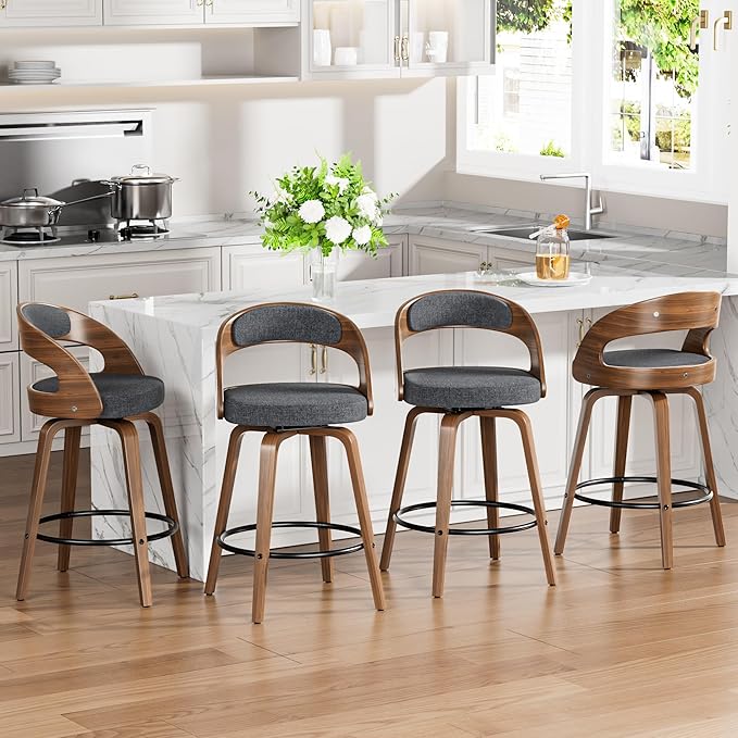 Swivel Bar Stools Set of 4, 26" Upholstered Linen Fabric Barstools with Bentwood Legs, Mid Century Modern Counter Height Bar Stools with Back for Kitchen Island, Dining Room, Grey