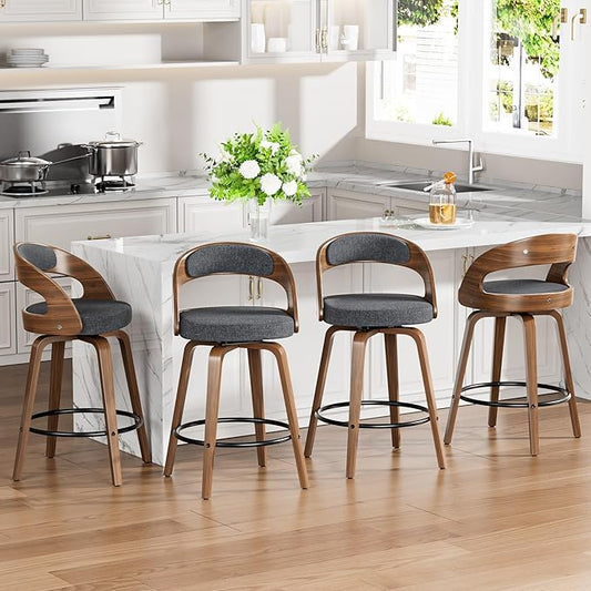 Swivel Bar Stools Set of 4, 26" Upholstered Linen Fabric Barstools with Bentwood Legs, Mid Century Modern Counter Height Bar Stools with Back for Kitchen Island, Dining Room, Grey