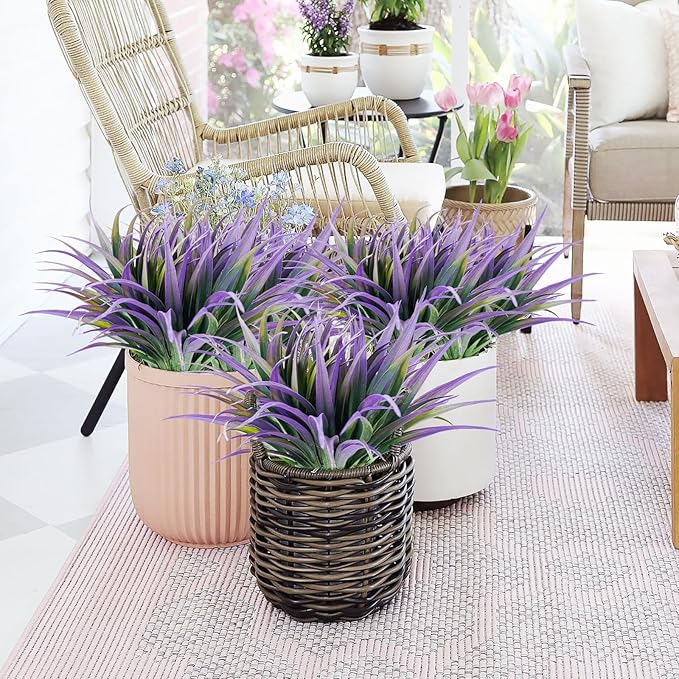 8Pcs Artificial Grass Plant Fake Outdoor Plastic Plants UV Resistant Faux Grasses Greenery Shrubs for Window Box Garden Patio Porch Home Decor Light Purple