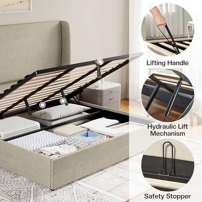 Jocisland King Size Bed Frame with Lift Storage Bed Linen Platform Bed with Wingback Headboard/Hydraulic Storage/No Box Spring Needed/Wood Slats Support/Khaki