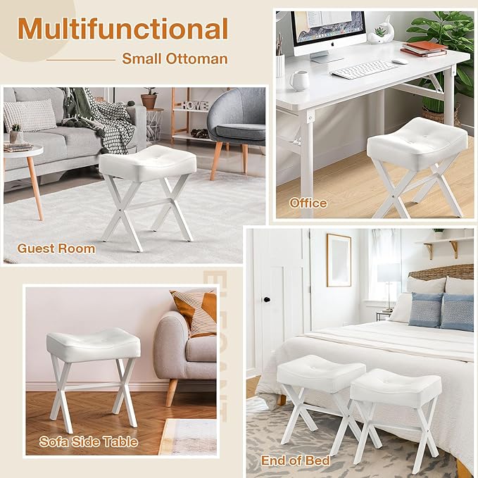 18-Inch Leather Vanity Stool Chair, Vanity Bench with Metal X-Leg, Ottoman Accent Stool with Thick Padded Saddle Seat, White