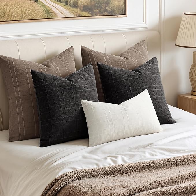 MIULEE Decorative Linen Check Euro Shams Throw Pillow Covers Neutral Farmhouse Vintage Pillow Covers 24x24 Set of 2 Boho Modern Winter Home Decor for Sofa Couch Bedroom Cushion Brown