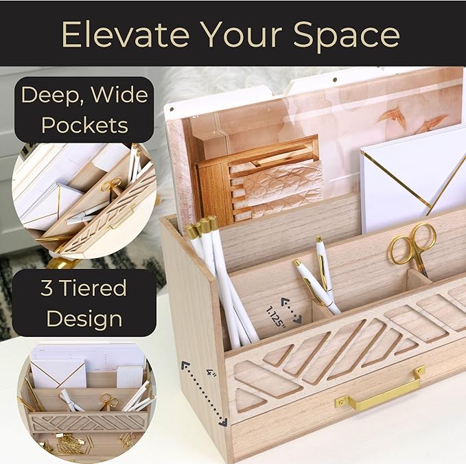 BLU MONACO Natural Mail Organizer with Drawer and Gold Handle – Desktop Mail Holder and Office Supplies Storage – Home Office Desk Accessories – Letter Sorter and Paper Organizer