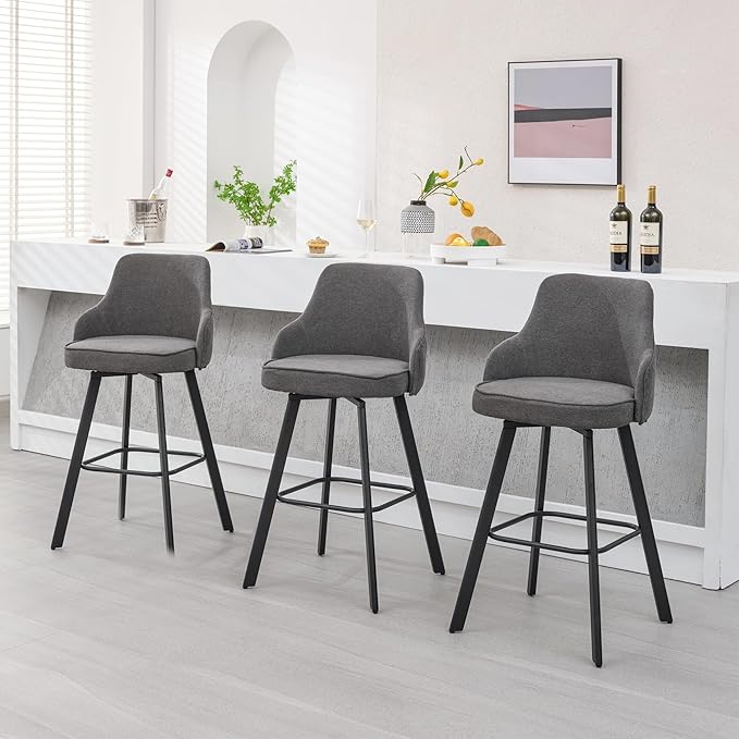 Bar Stools Set of 3, 30" Swivel Bar Height Barstools with High Back, Linen Kitchen Bar Stool Bar Height for Kitchen Island (Dark Grey, 3PCS 30" Bar Stools)