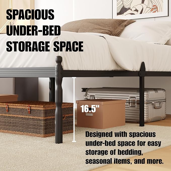 18 Inch Queen Metal Bed Frame with Mattress Slide Stopper, Queen Size Platform Bed Frames No Box Spring Needed, Heavy Duty Bedframe, Easy Assembly, Noise Free