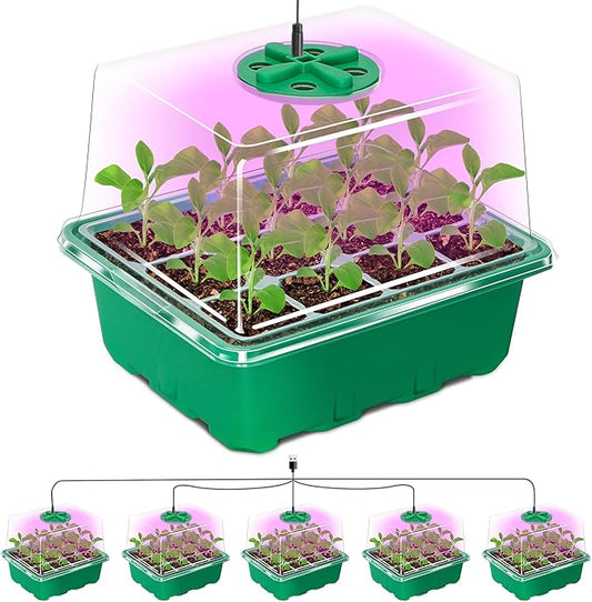 Bonviee 5 Packs Seed Starter Tray with Plant Light, Elevated Seedling Starter Trays Kits with Adjustable Humidity Domes and Clear Cell Tray, 12 Full Spectrum led lamp Beads for Plants Indoor-Green