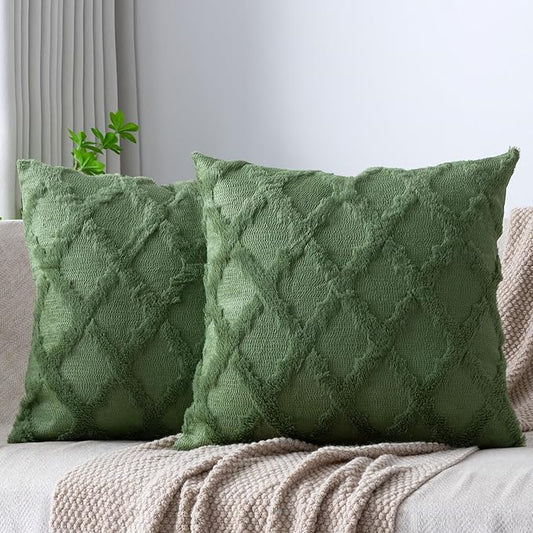 Set of 2 Soft Moroccan Throw Pillow Covers 24x24 Inch Plush Boho Decorative Pillow Cover Accent Cushion Case for Couch Sofa Bed, Olive Green