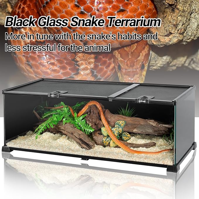 REPTIZOO Reptile Terrarium Tank 30" x 12" x 10", Black-Tinted Glass Snake Tank with Top Feeding Ports Top Screen Ventilation Reptile Habitat for Snake Spider