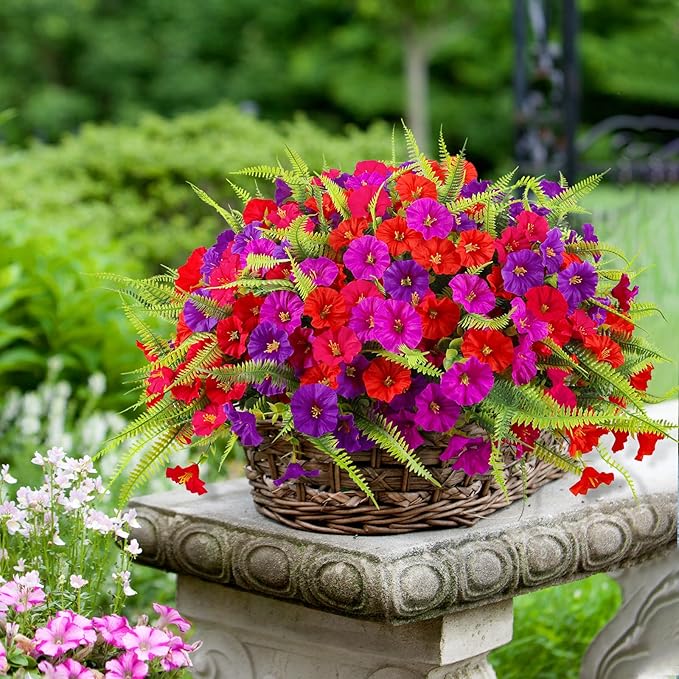 Artificial Flowers Outdoors 12 Bundles Artificial Petunias Fake Flowers UV Resistant Shrubs Plants with Fern for Indoor Outside Hanging Planters Home Garden Summer Decorations