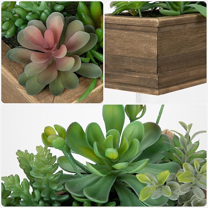 Artificial Succulents Plants, Mini Assorted Potted Succulent Fake Plants in Pots Small Succulents Plants Artificial with Wood Pot for Home Office Living Room Table Shelf Decor Indoor