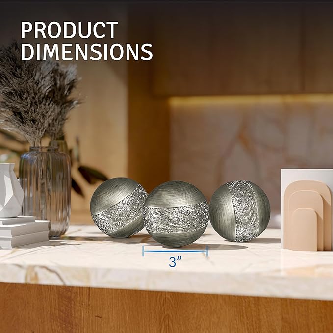 Creative Scents Dublin Silver Centerpiece Bowl With 3 Matching Orbs – Coffee Table Decor with Sphere Balls for Living Room Dining Room Table - Decorations for Home Decor - Mantle House Decor