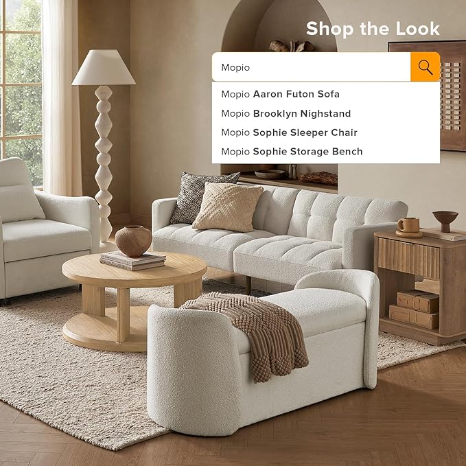 mopio Sophie 51" Ottoman Storage Bench, Entryway and Window Seating, End of Bed Curved Stool for King & Queen Bed, Storage Chest for Bedroom (Pearl White Boucle)