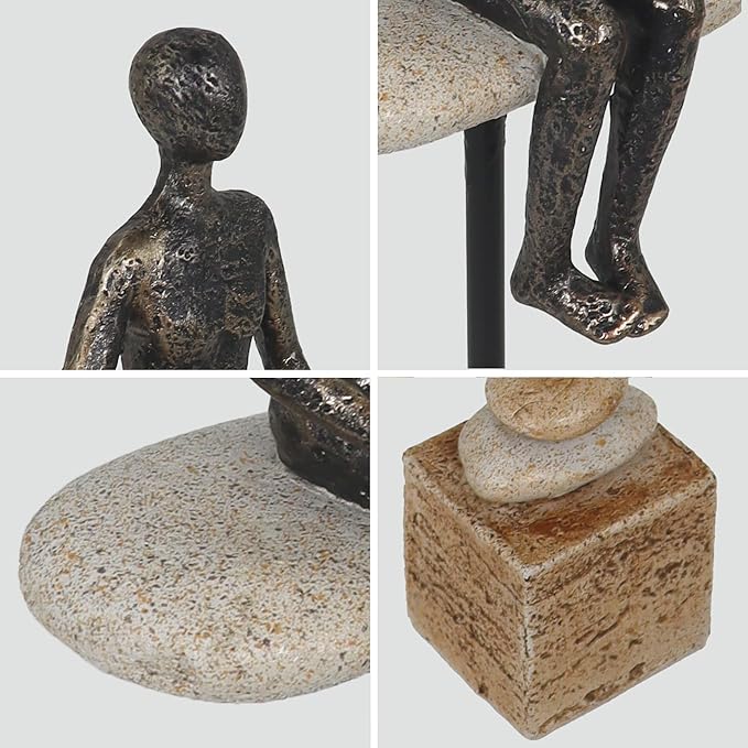 Zen Meditation Sculpture - Multi-Texture Resin Art Piece with Stone/Metal/Wood Effects, Abstract Seated Figure for Office Desk & Mindfulness Spaces