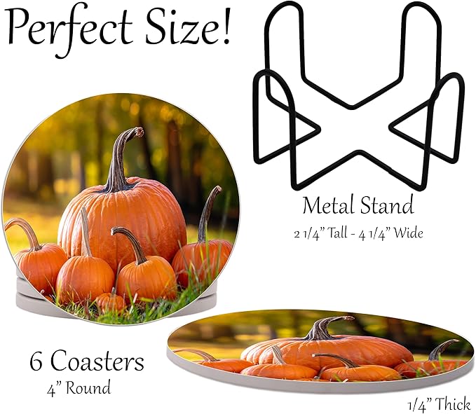 Fall Season Leaves Round Coasters Set of 6 - Abosrbent Ceramic Coasters with Metal Stand for Drinks, Coffee, Non-Slip Cork Back for Tabletop Protection, 4 Inches (Pumpkins)